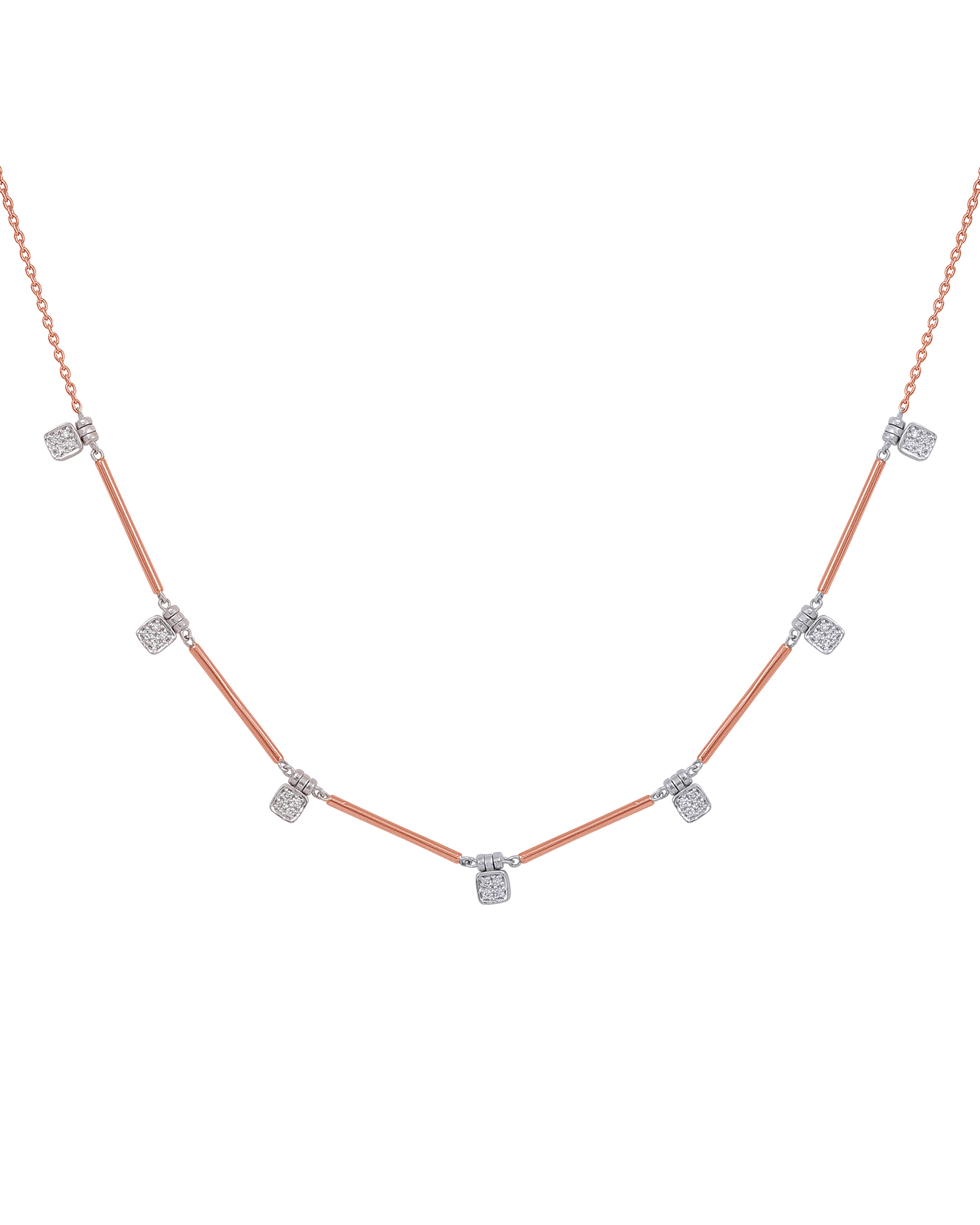Rose gold diamond necklace with minimal bezel-set drops.