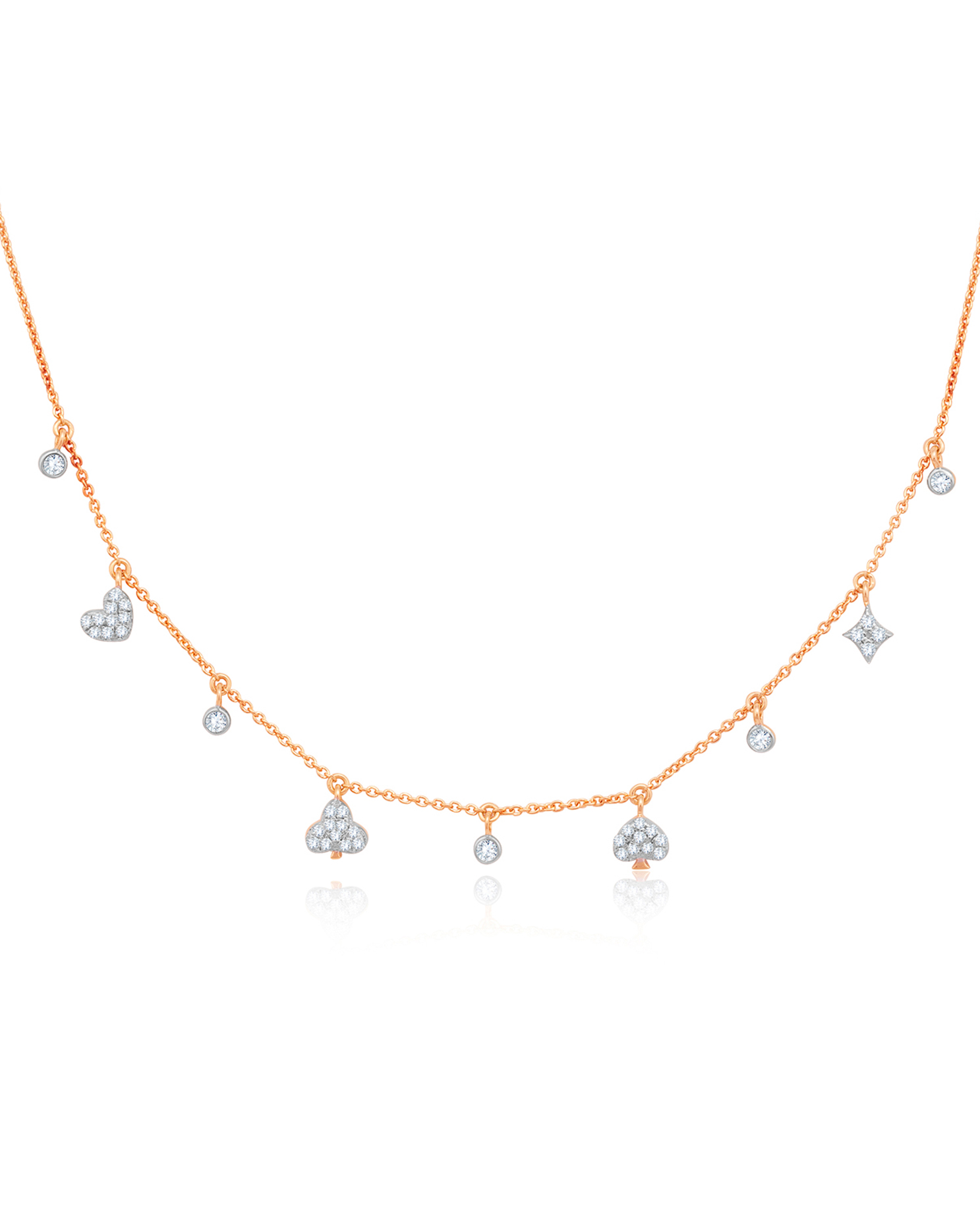 Rose gold diamond necklace with multiple dangling diamond charms.