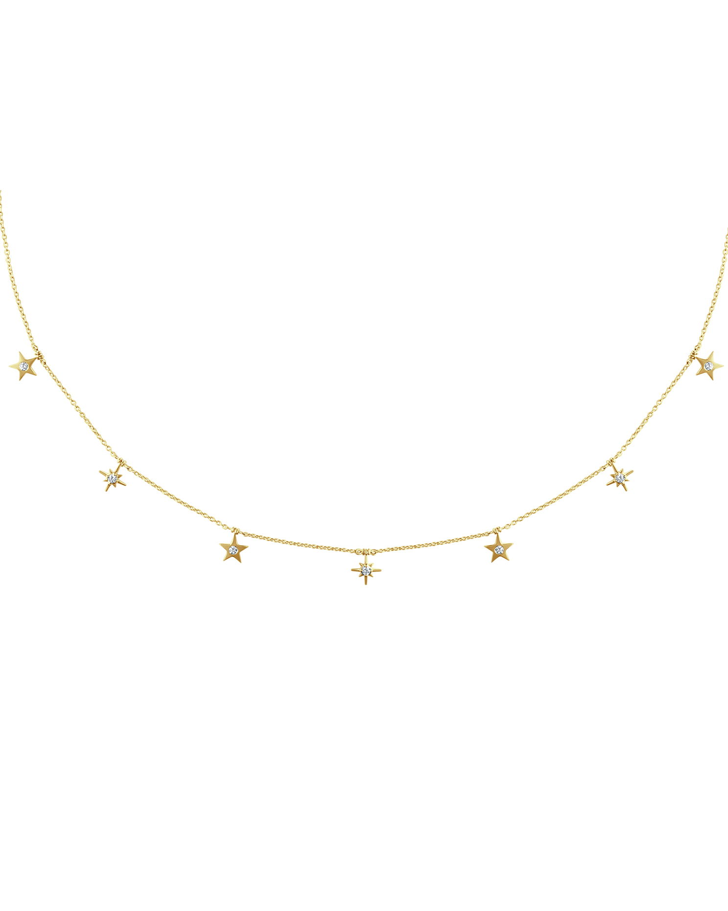 Yellow gold diamond necklace with star-shaped diamond accents.