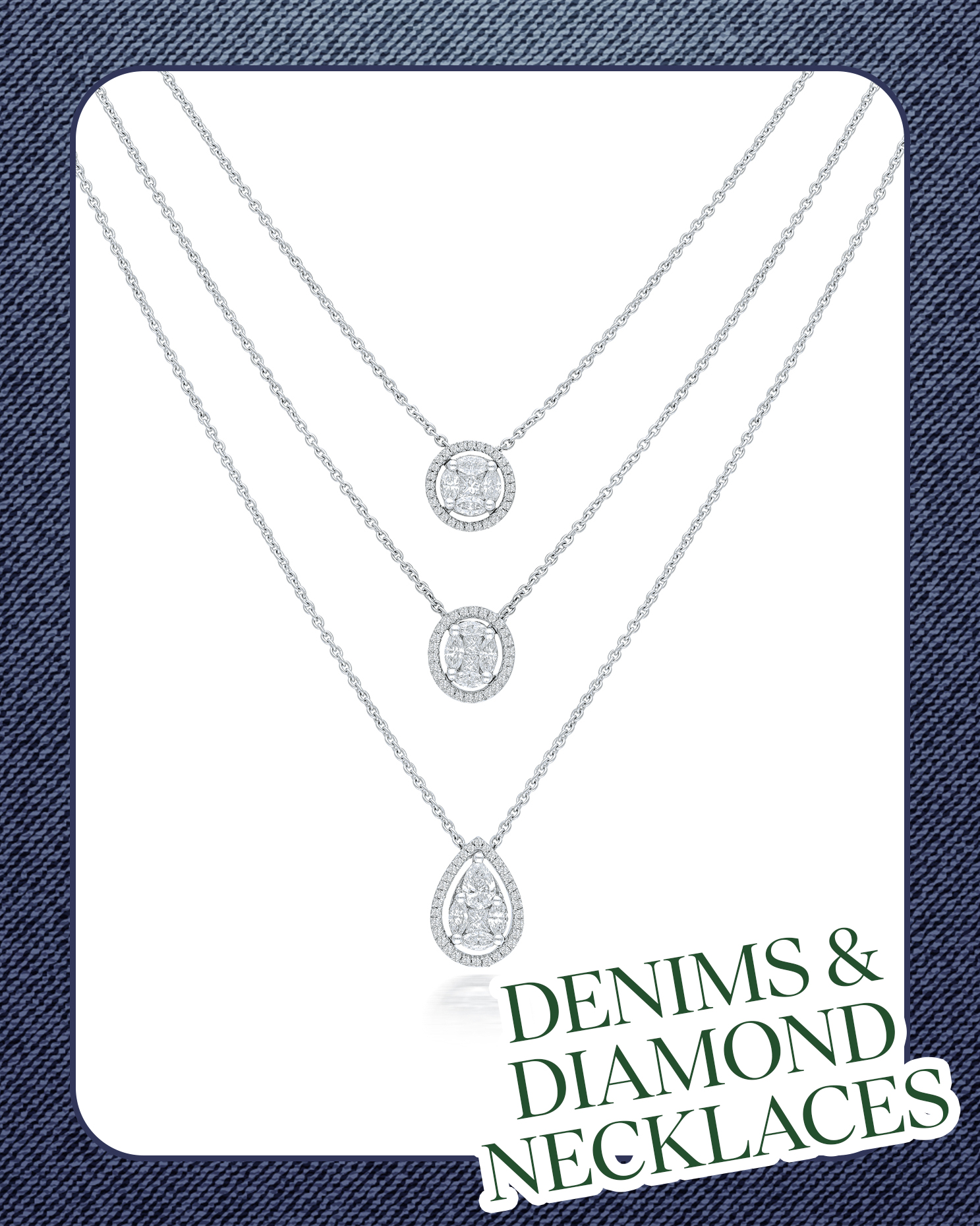 Layered diamond necklace with round and teardrop pendants.