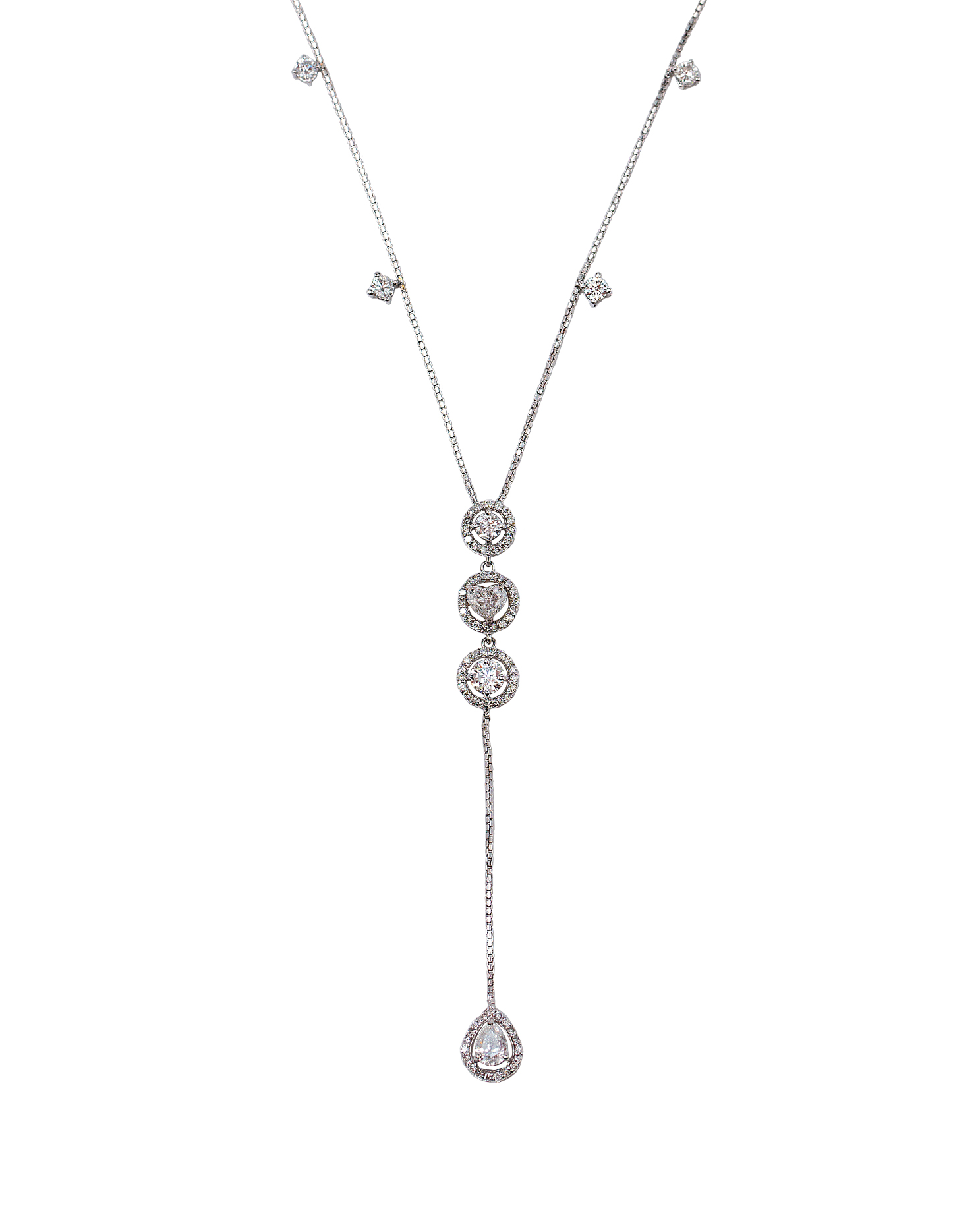 Silver lariat diamond necklace with layered drop design
