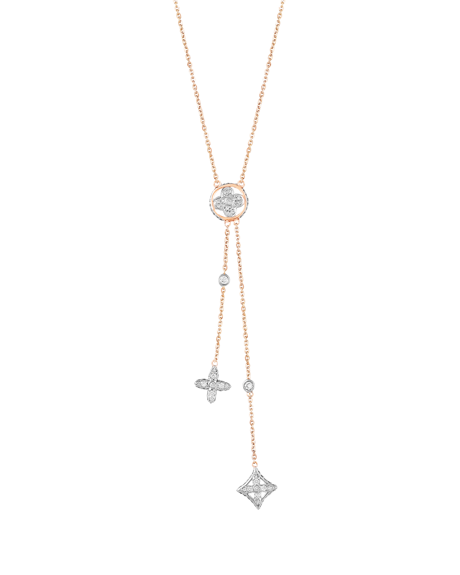 Rose gold lariat diamond necklace with delicate diamond charms