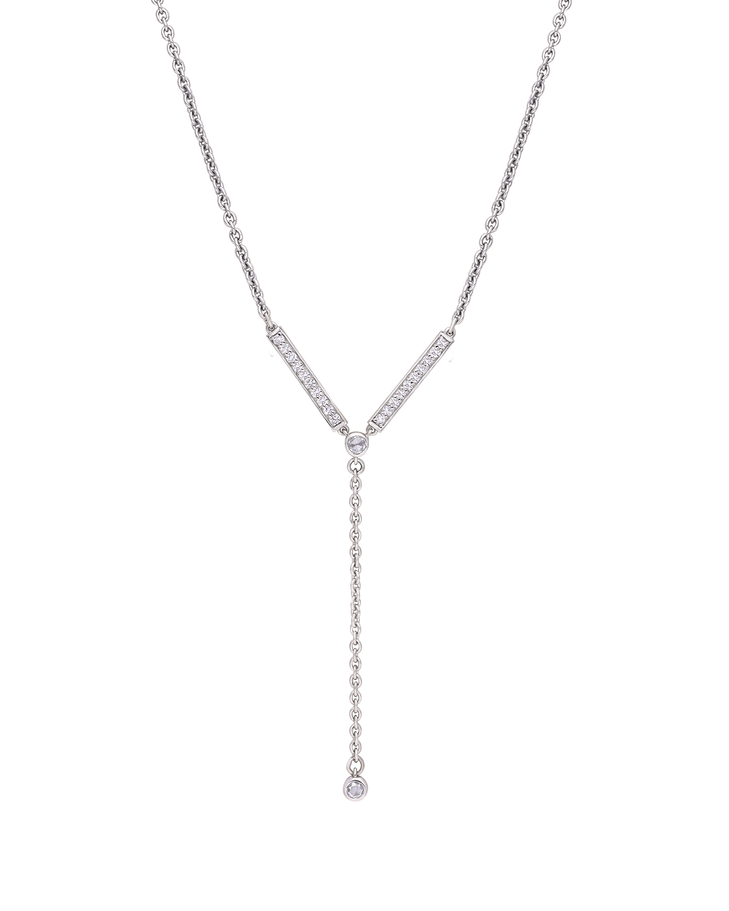 White gold lariat diamond necklace with sleek diamond drop