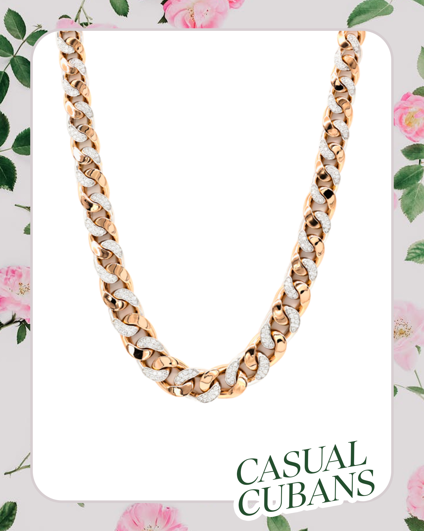 Gold diamond necklace with Cuban link design.