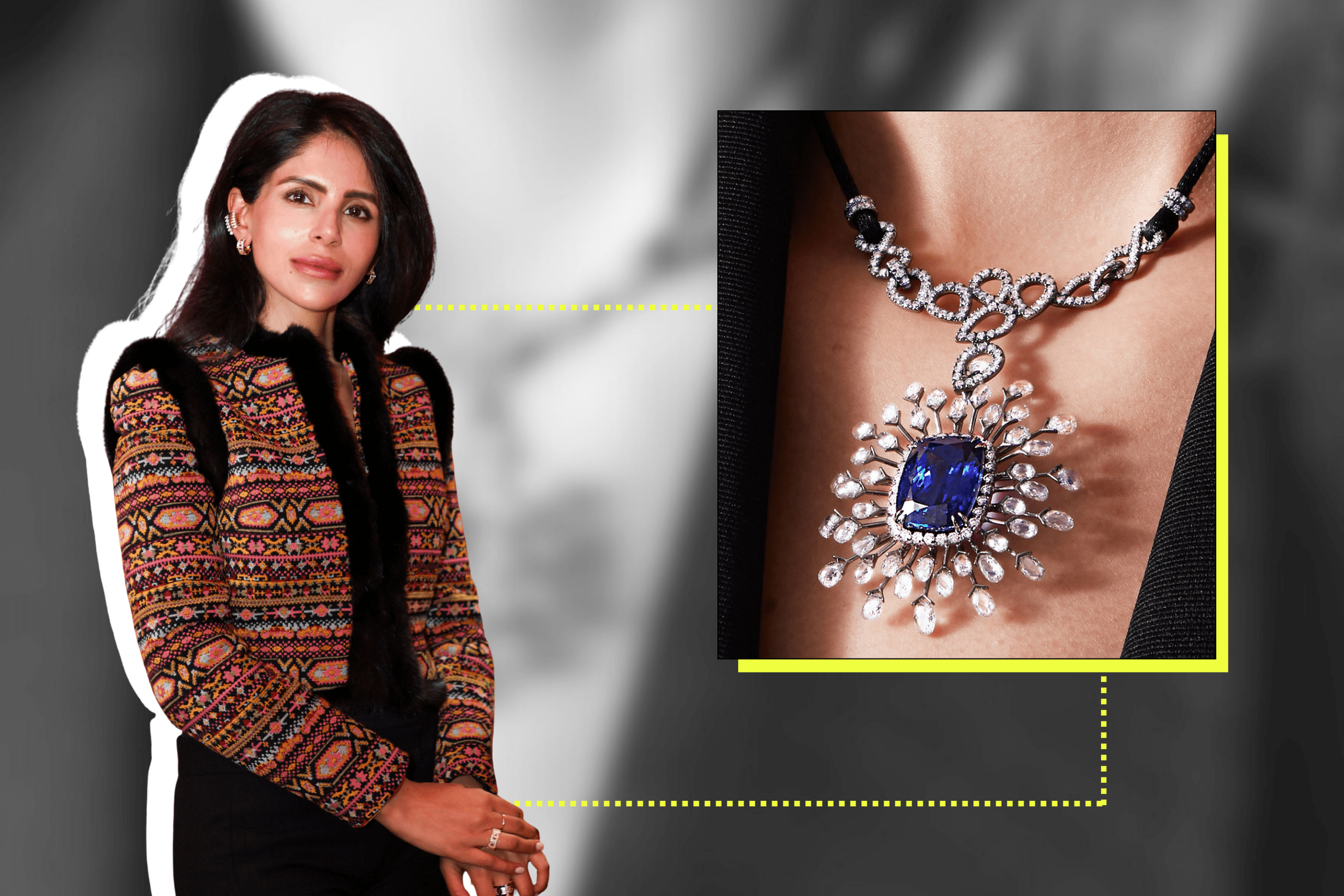 Diamond necklace with an ornate blue gemstone pendant