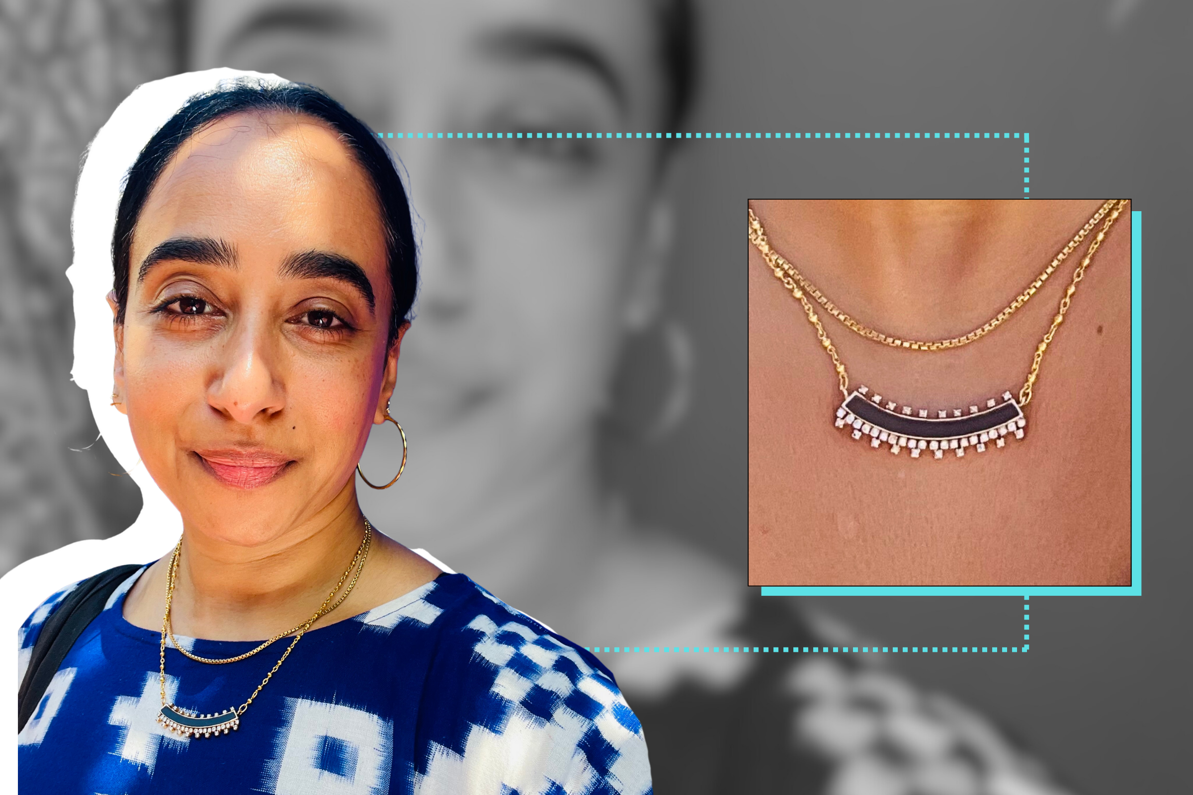 Layered gold necklace with a curved black pendant and diamond accents.