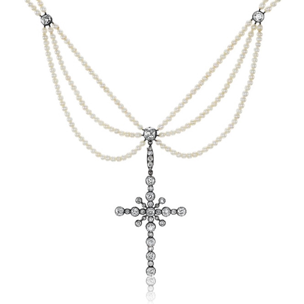 Andria Barbone CELINA Cross Necklace antique natural pearl and Old Mine Cut diamond necklace from the Victorian Era