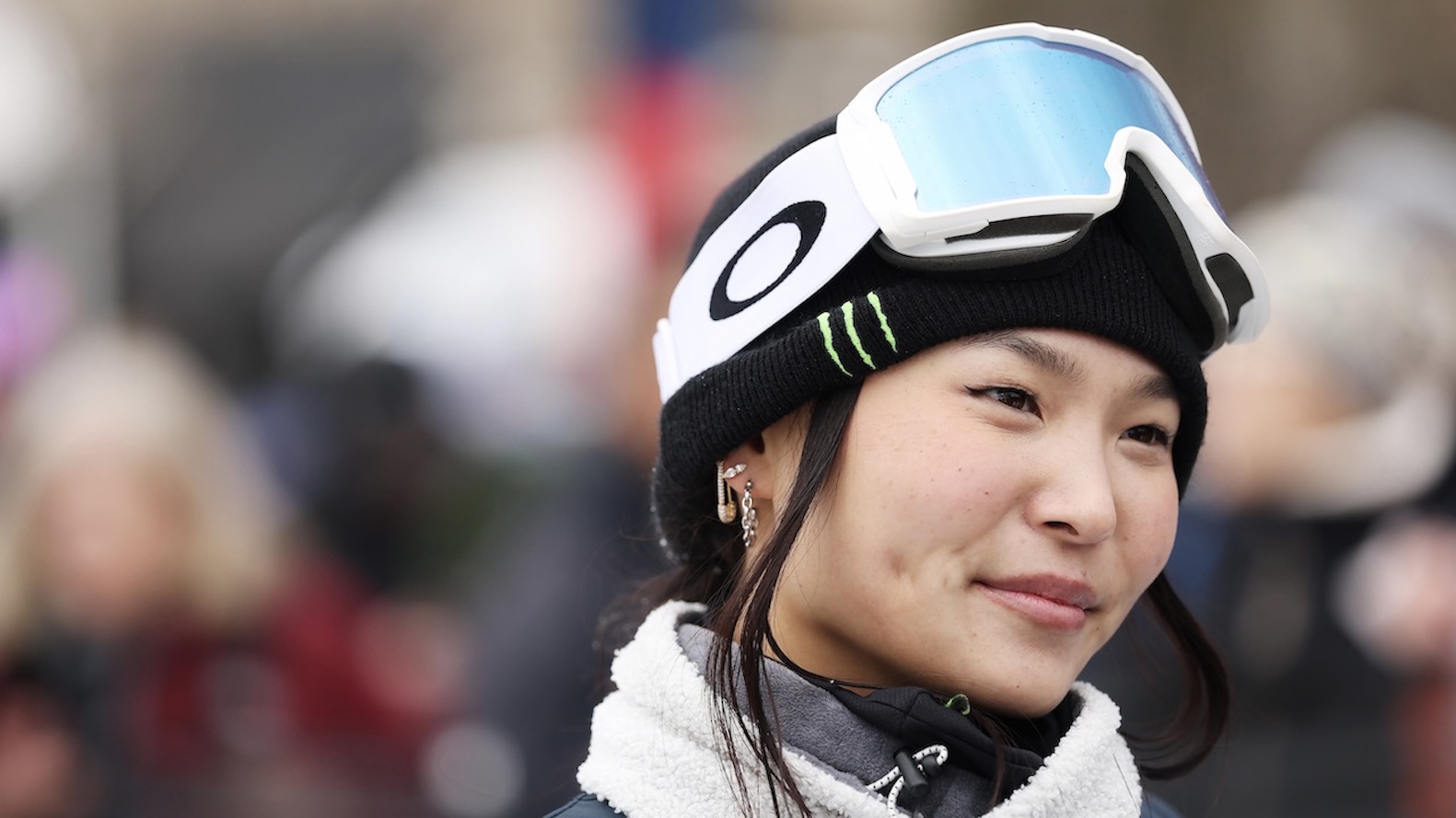 Chloe Kim wears Anito Ko diamond earrings while winning the Women's Snowboard Halfpipe Final during the Toyota US Grand Prix on February 01, 2025, in Aspen, Colorado. (Getty Images)