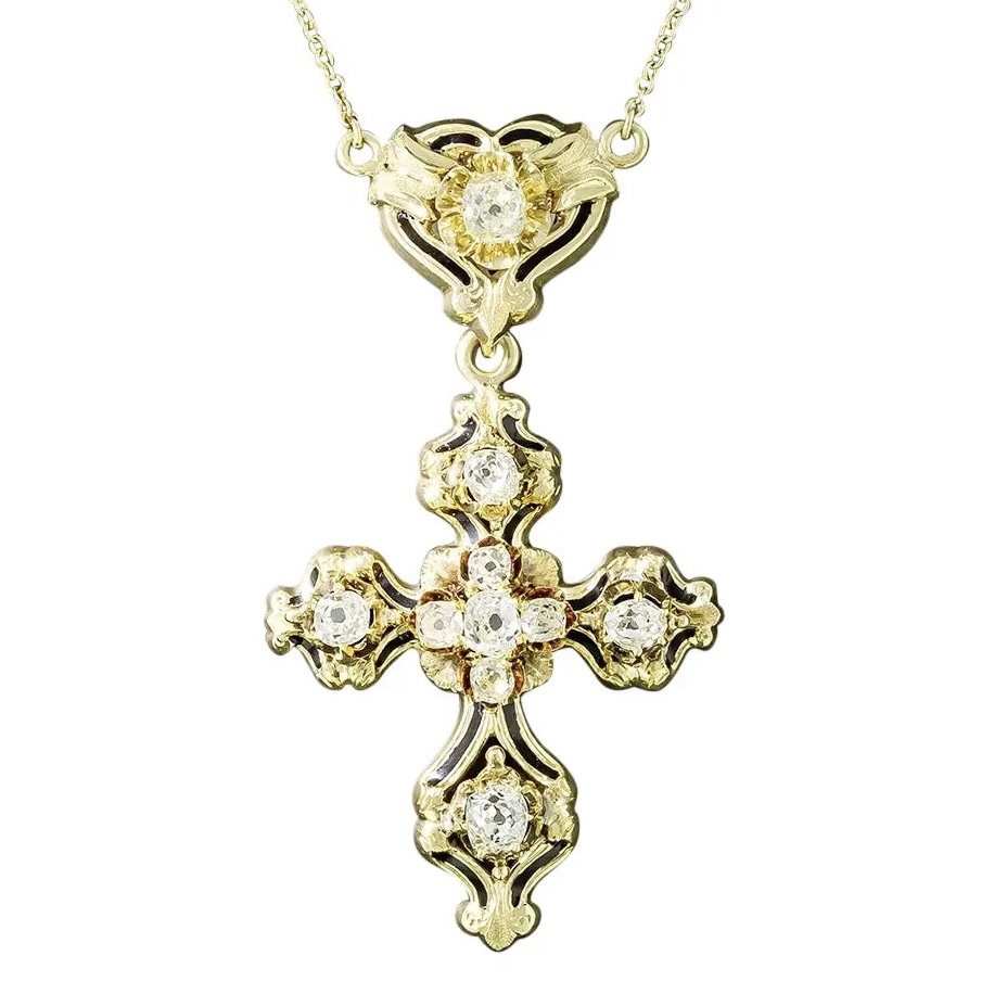 Victorian Antique Diamond and Black Enamel Cross Necklace