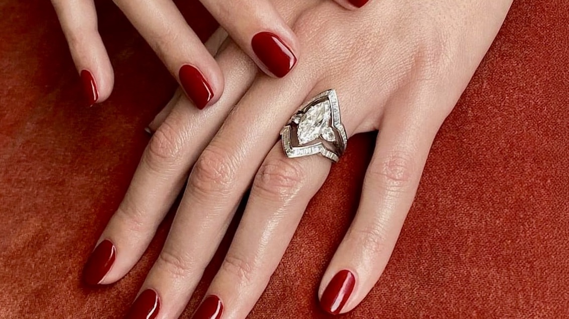 Bespoke Party Ring Jacket as seen with a marquise-cut diamond engagement ring (Courtesy of Stephen Webster)