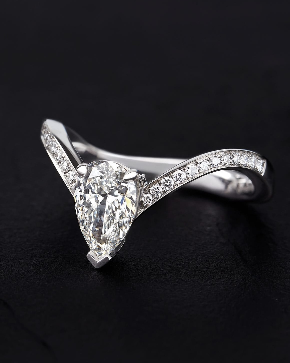 Pear-shaped diamond engagement ring without its ring jacket. (Courtesy of Stephen Webster)