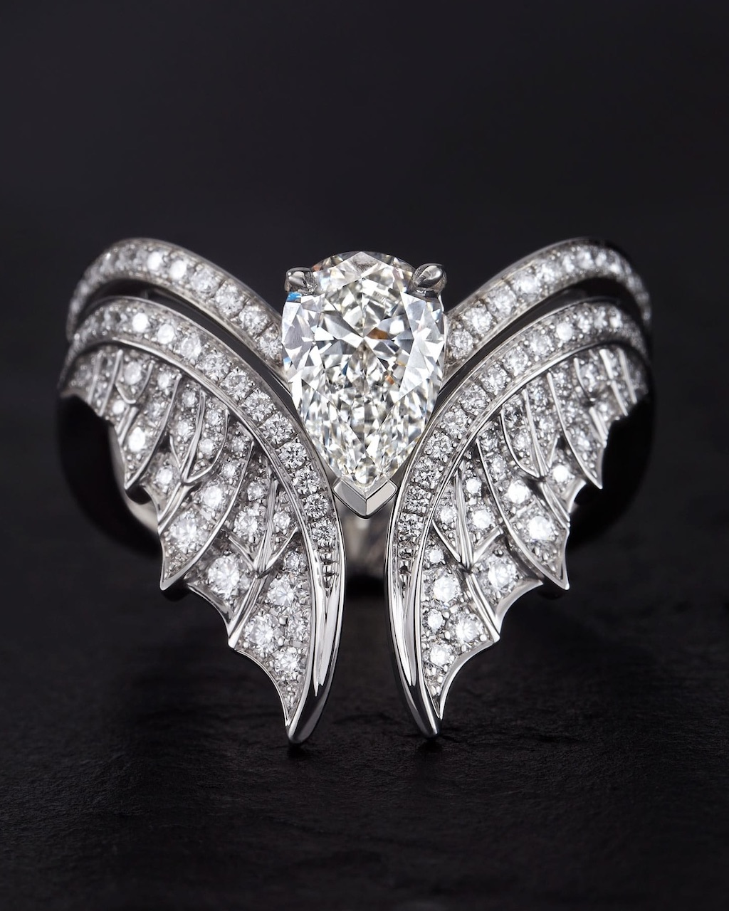 Party Ring Jacket, featuring diamond wings with a pear-shaped diamond engagement ring. (Courtesy of Stephen Webster)