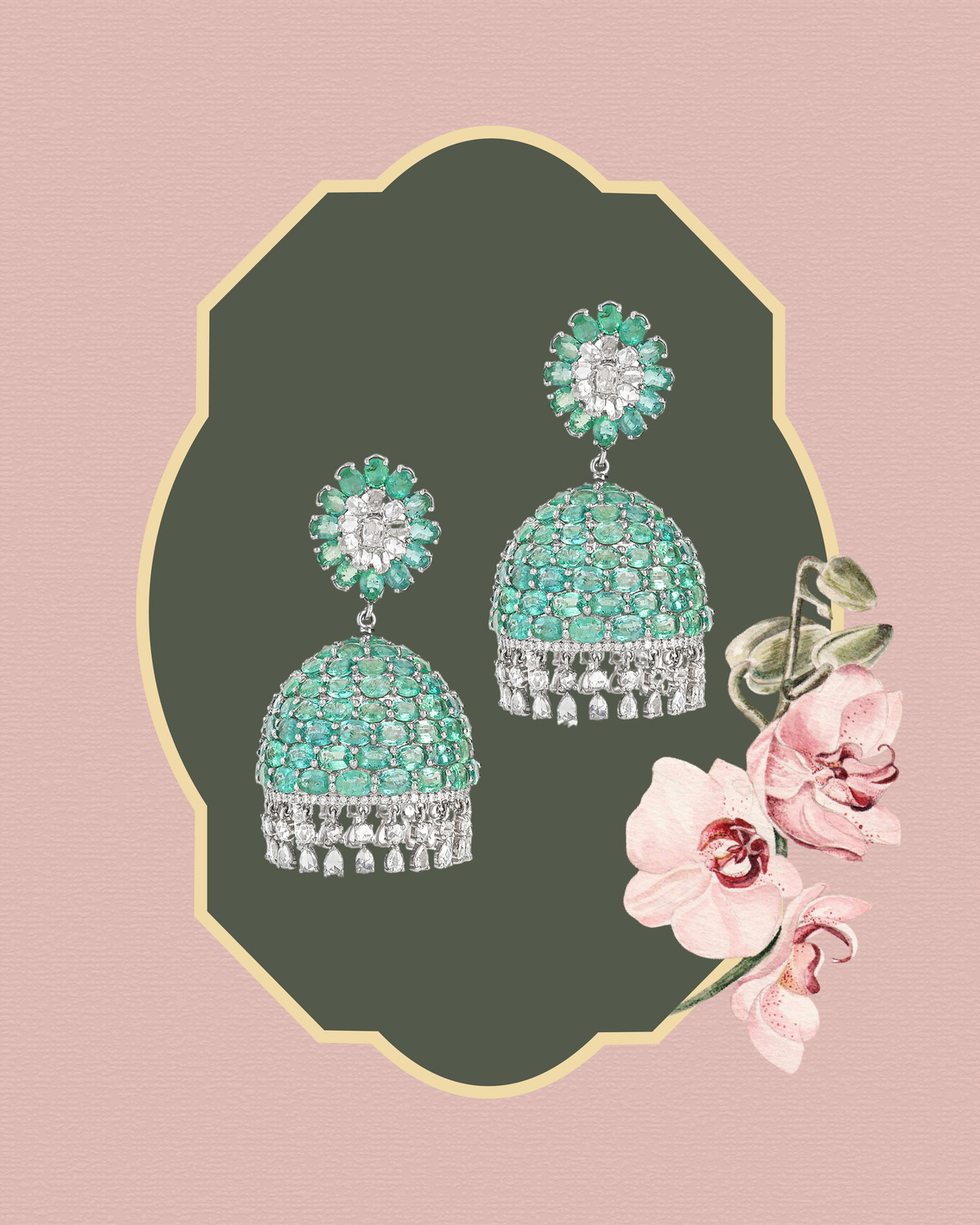 Emerald jhumka earrings with diamond accents