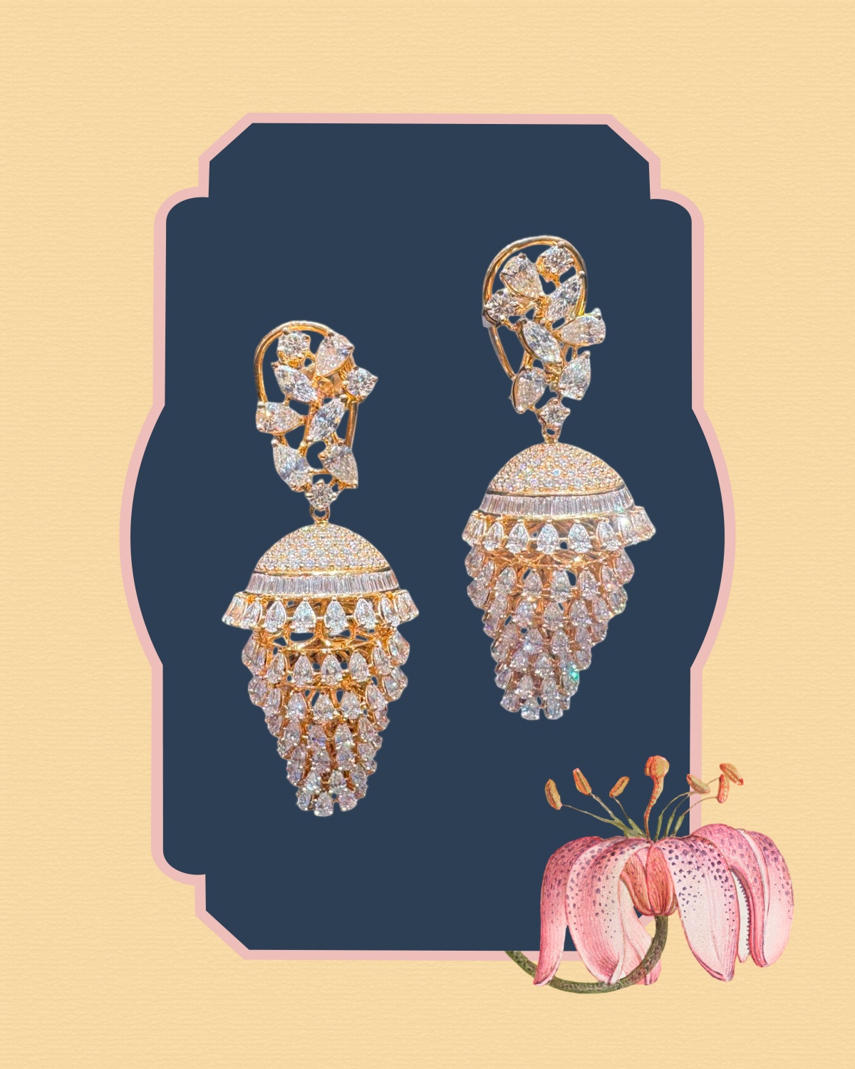 Gold and diamond jhumka earrings with cascading teardrop design.