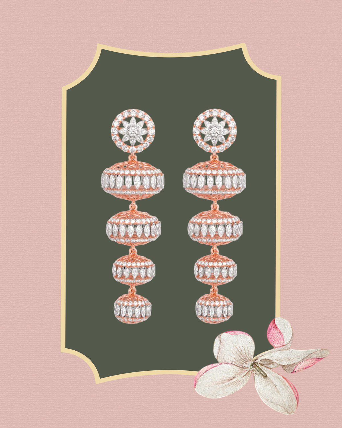 Rose gold and diamond drop jhumka earrings