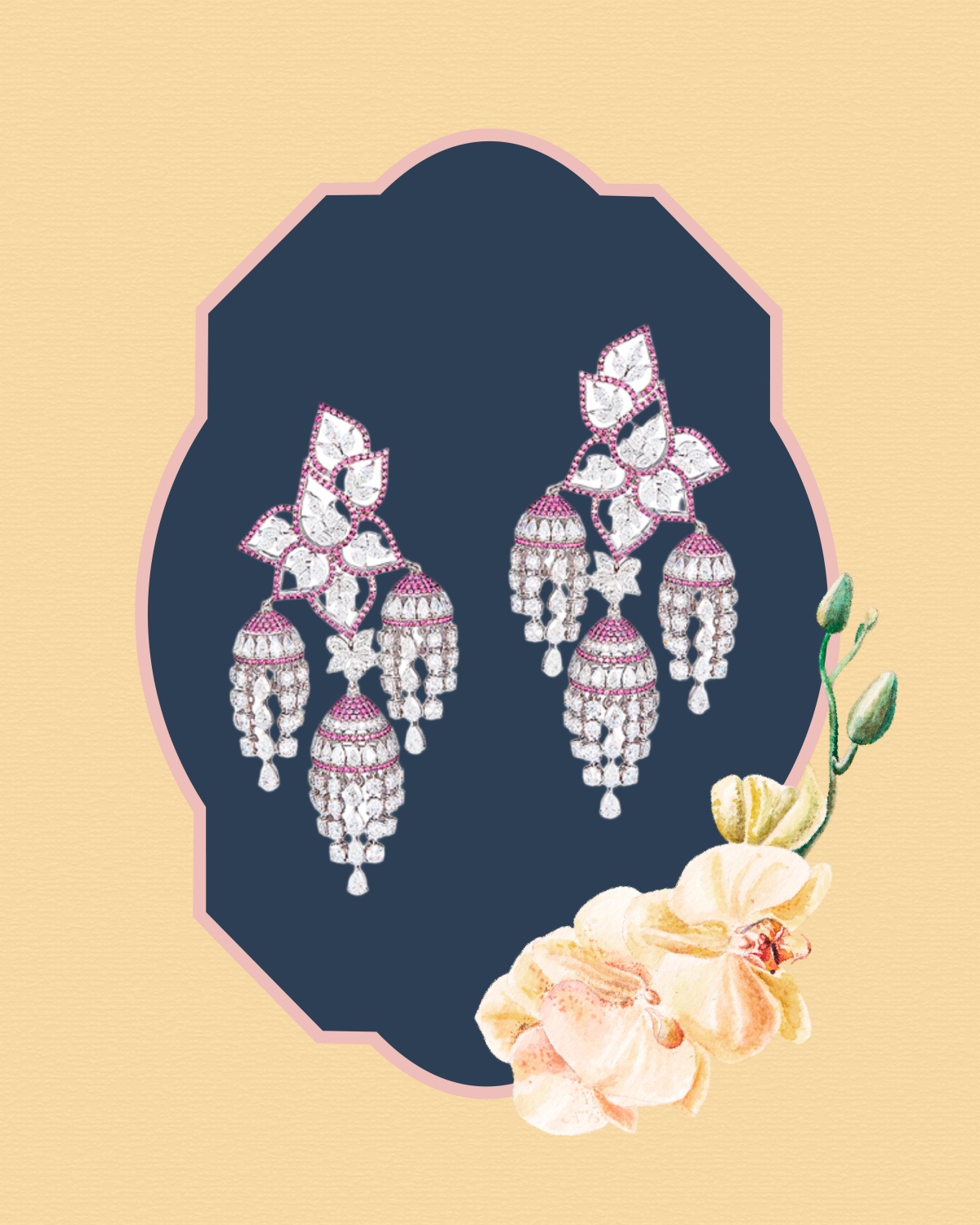 Pink gemstone & diamond floral jhumka earrings with dangling fringe