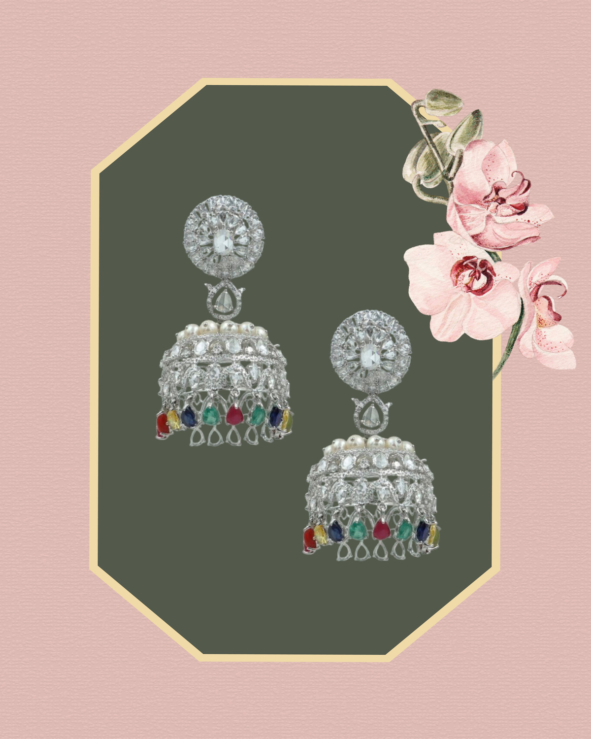Diamond jhumka earrings with multi-colored stones and pearls.