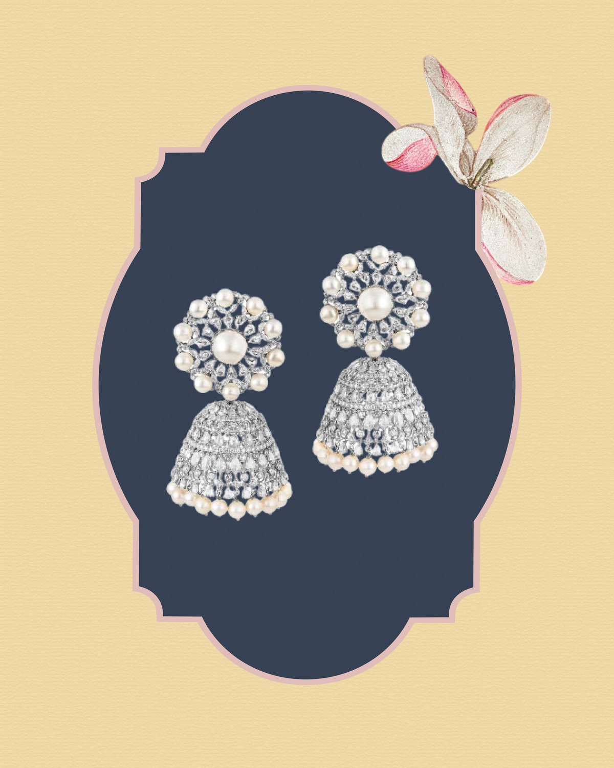 Pearl jhumka earrings with diamonds and pearl accents 
