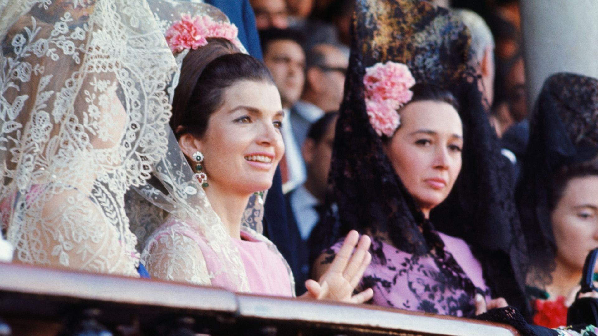 Mrs. Jacqueline Kennedy, and her hostess, the Duchess of Alba, wearing Mantillas of White Lace, Attended the Seville bullfights April 21. (Getty Images)