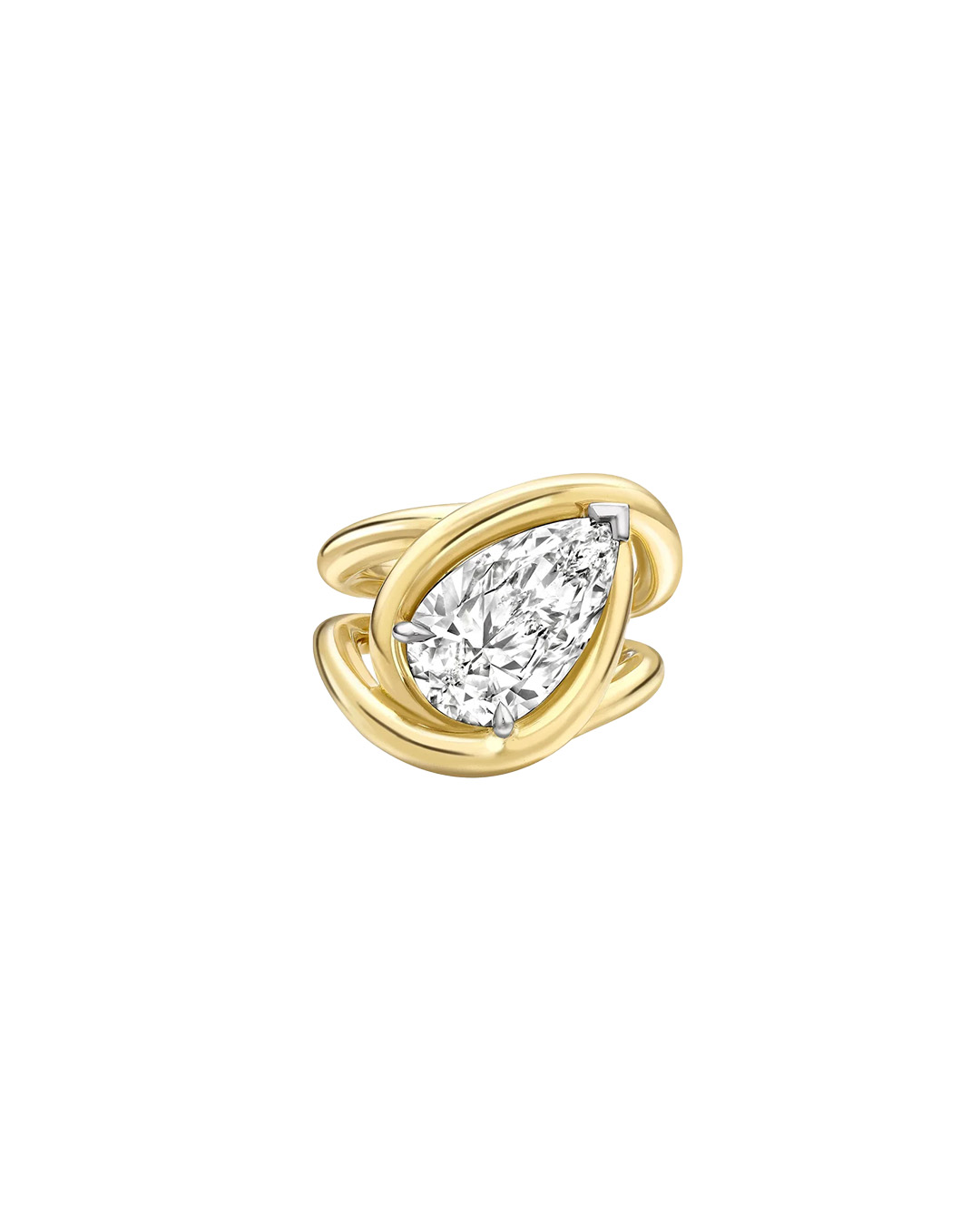 Pear-shaped diamond ring in a sculptural setting.