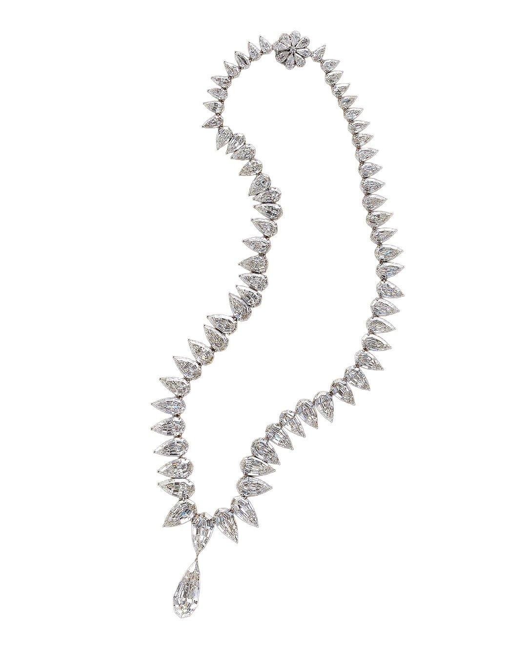 Pear-shaped diamond statement necklace with drop pendant.