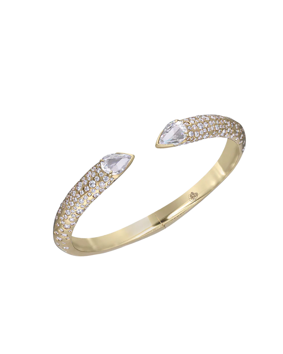 Yellow gold cuff bracelet with pear-shaped diamond accents.