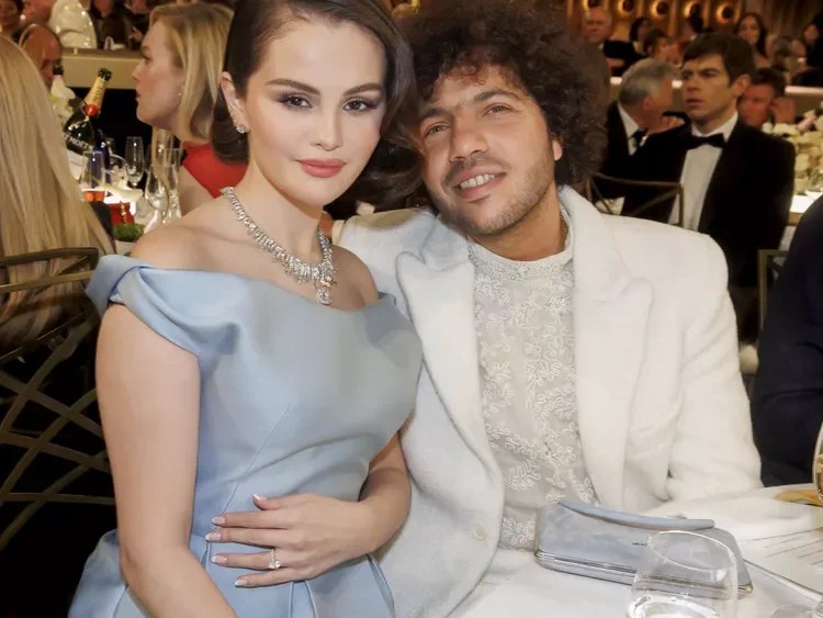 Selena Gomez with Benny Blanco wearing her marquise-cut engagement ring.