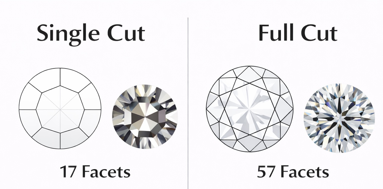 The faceting pattern and appearance of a single cut diamond compared to a full cut diamond. (Only Natural Diamonds)
