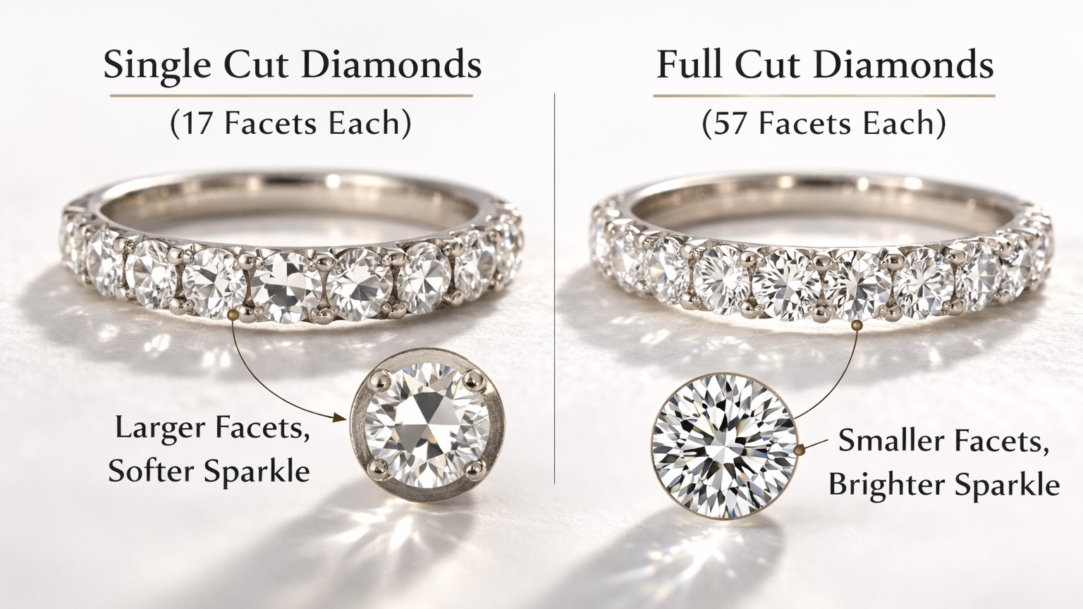 Two similar diamond bands, one set with single cut diamonds and the other with full cut diamonds. (Only Natural Diamonds)