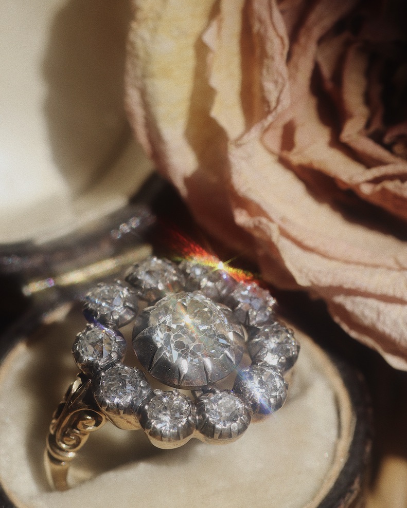 Victorian Jewelry Andria Barbone "Pecilica" Antique Early Victorian Old Mine Cut Diamond Cluster Ring