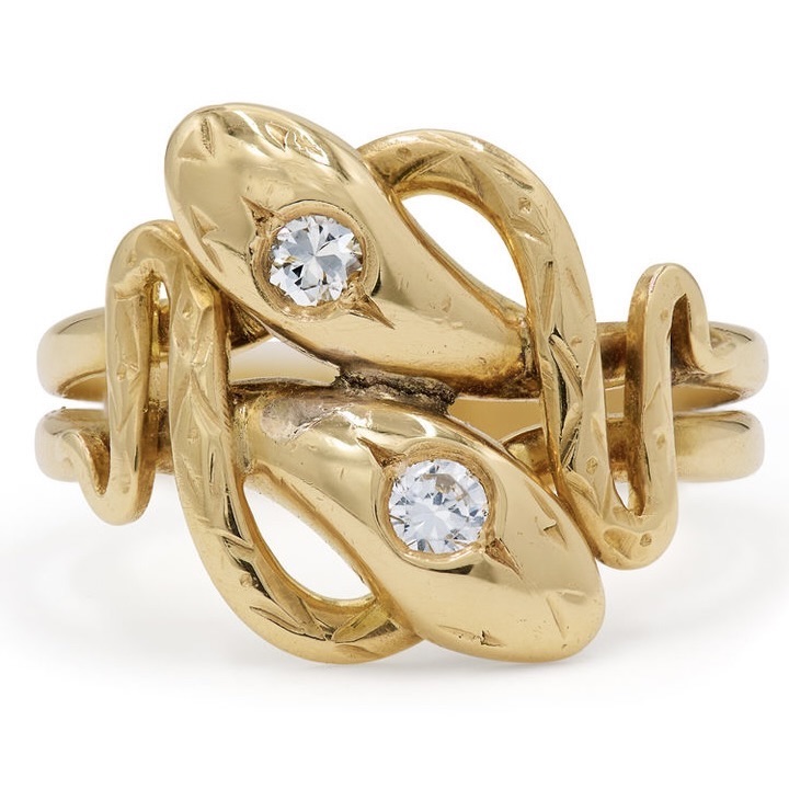 Victorian Jewelry Late 19th Century Antique 18K Yellow Gold and Diamond Double Snake Ring