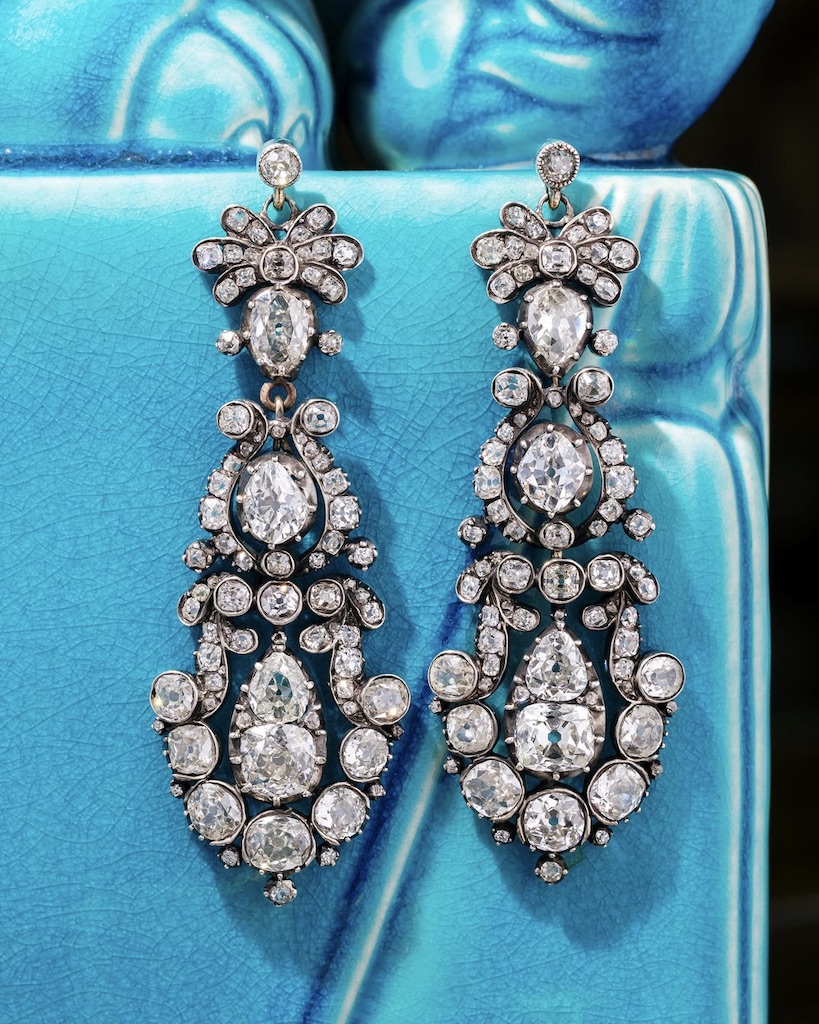 Victorian Jewelry: Briony Raymond Antique Victorian Diamond Chandelier Earrings, Circa 1880s