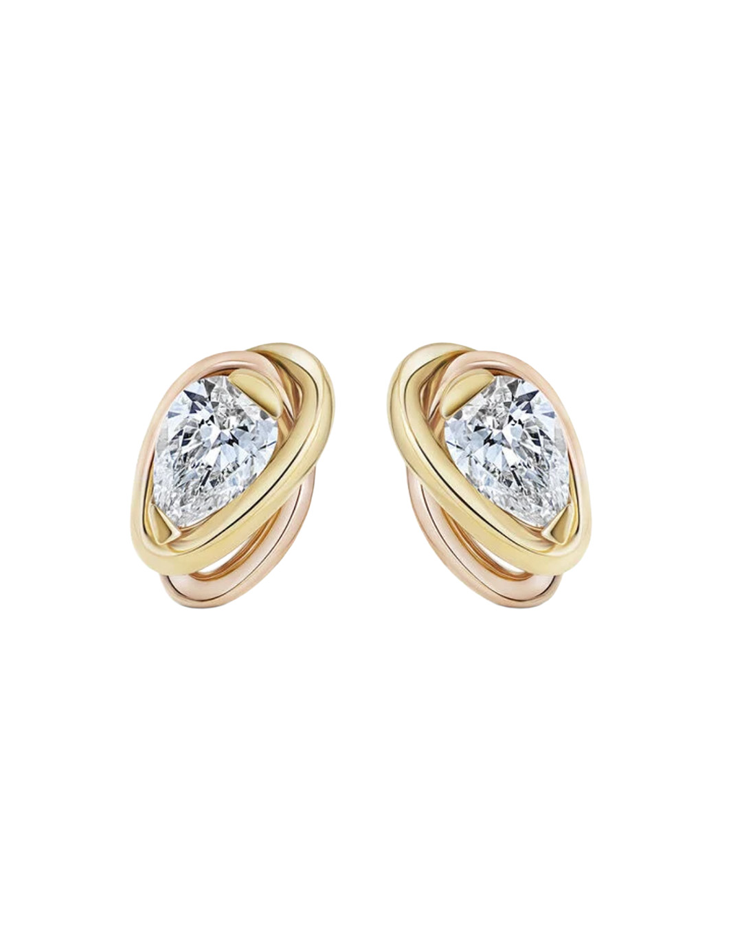Pear-shaped diamond earrings in a sculptural wrap setting.
