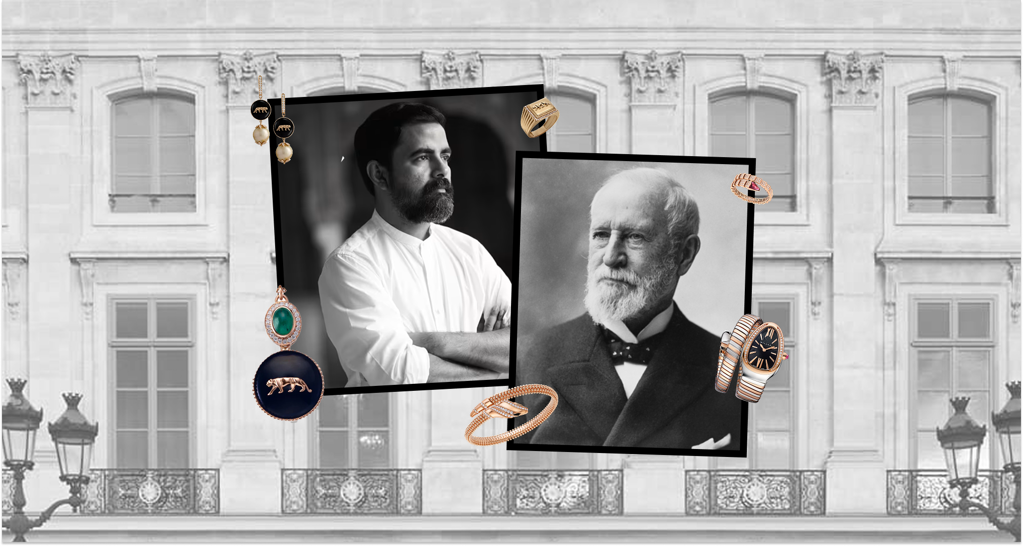 Iconic diamond jewellery including rings, earrings, a watch, and a panther brooch.