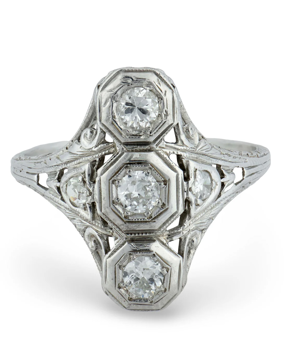 three stone diamond navette ring