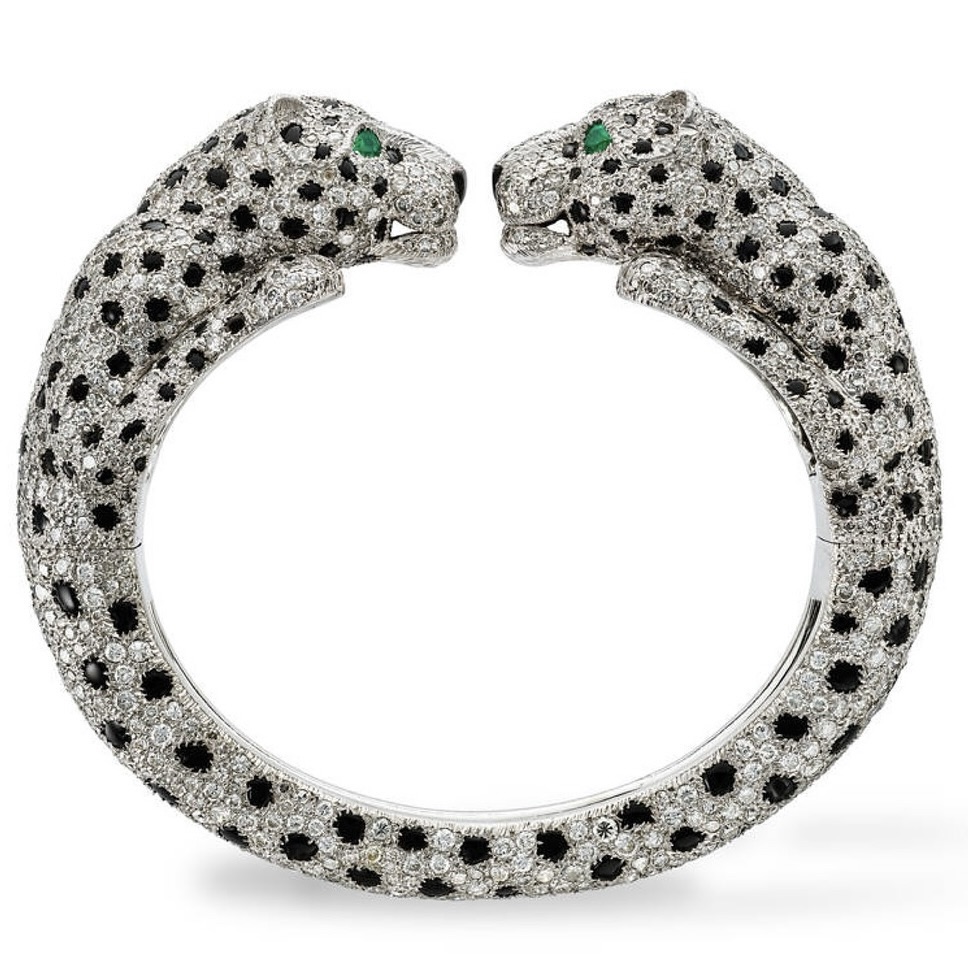 Maria Félix Cartier 'Panthère' Diamond, Onyx and Emerald Bangle 