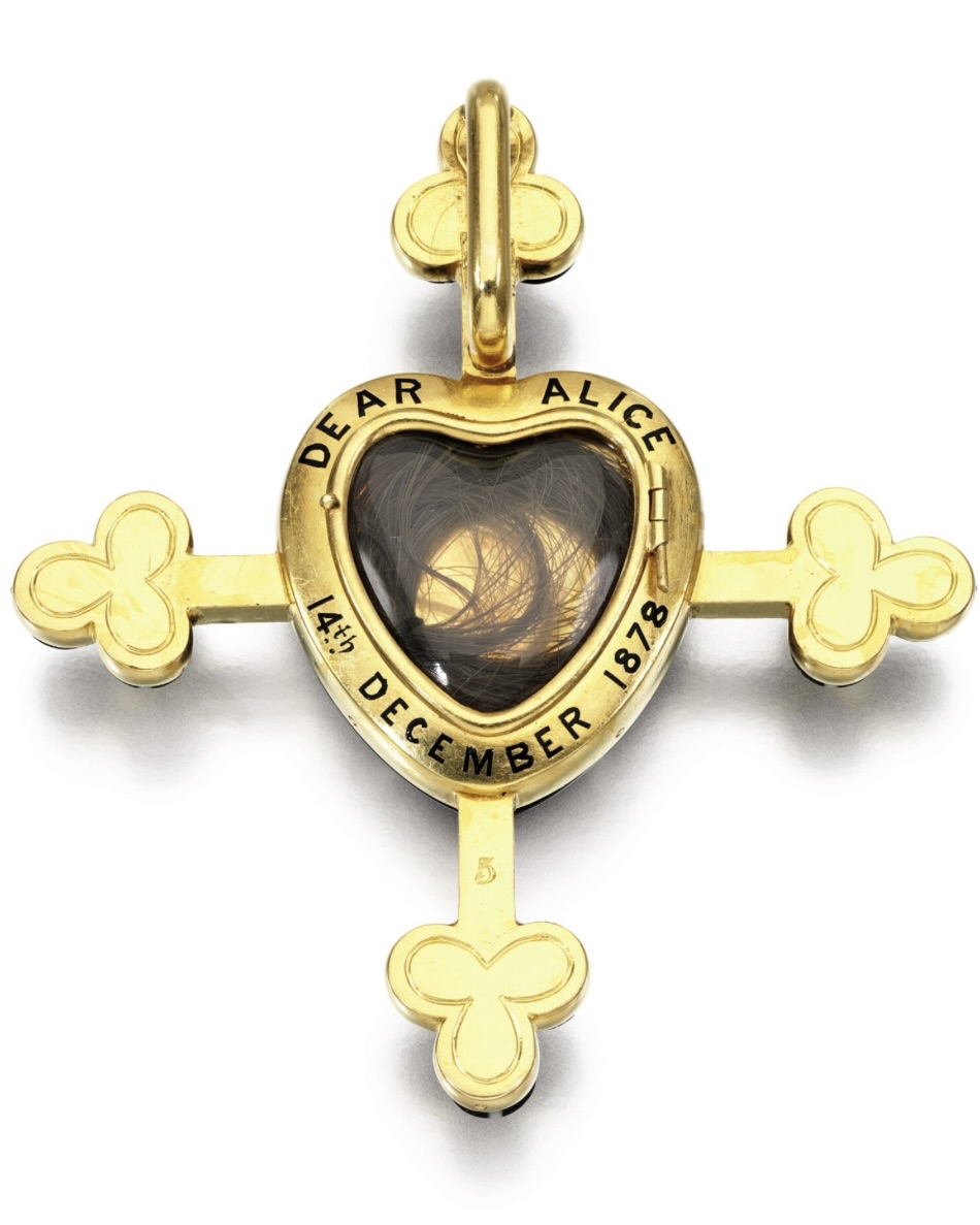 Queen Victoria's Mourning Jewelry Hardstone, enamel and diamond pendant, Robert Phillips, circa 1878. (Courtesy of Sotheby's)