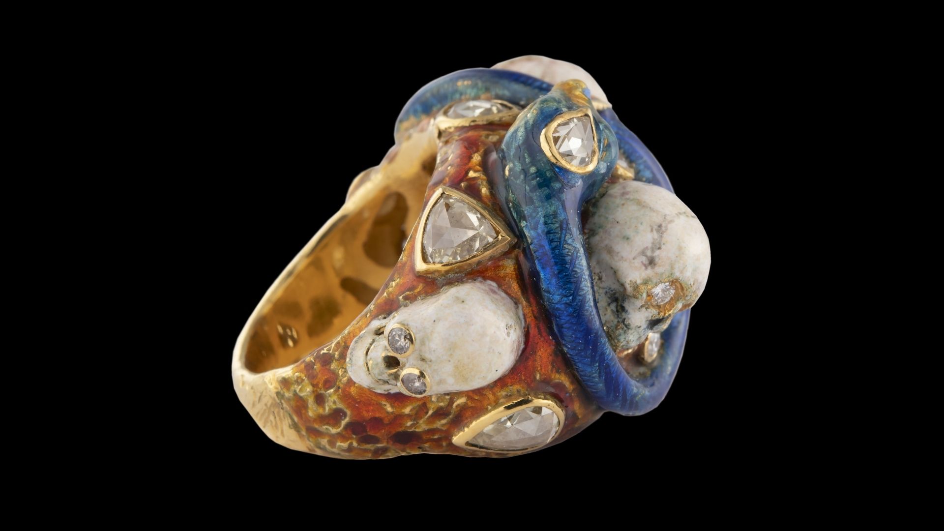 A. Codognato “Cinque Morti” ring, 2026 A. Codognato archive design 18-karat yellow gold, diamonds and enamel. Courtesy of A. Codognato