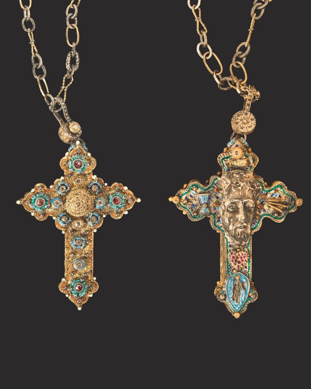 A. Codognato necklace with a cross pendant portraying the face of Christ on reverse side 18-karat yellow gold, enamel, rubies and a garnet. Courtesy of A. Codognato