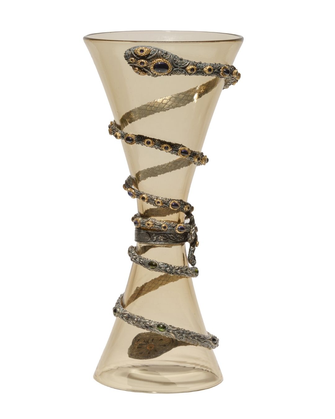 A. Codognato and Giberto Venezia Clessidra, 2025 Murano glass, 18-karat yellow gold and silver, iolites and green tourmalines. (Courtesy of Giberto Venezia)