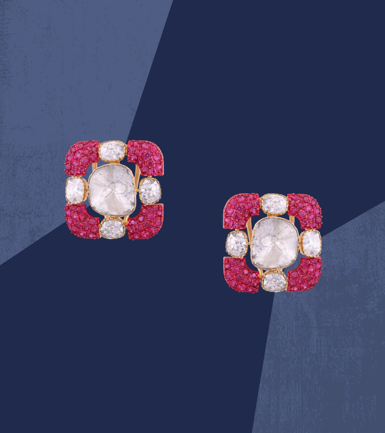 Red and white diamond square stud earrings