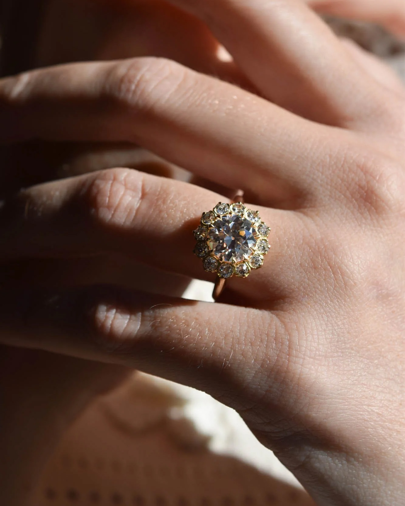 symbolic engagement rings: Erstwhile Victorian Transitional Cut Diamond Cluster Engagement Ring
