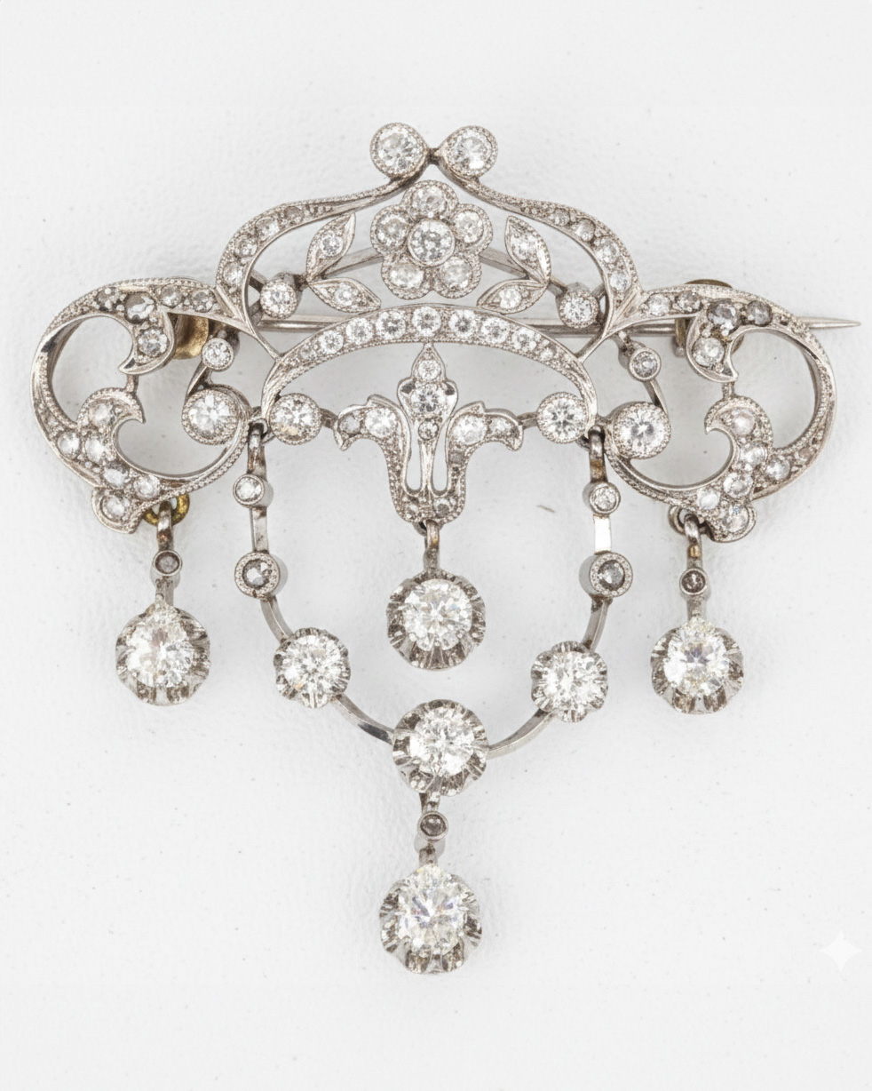 Belle Epoque French 18ct White Gold Diamond Drop Brooch and Pendant