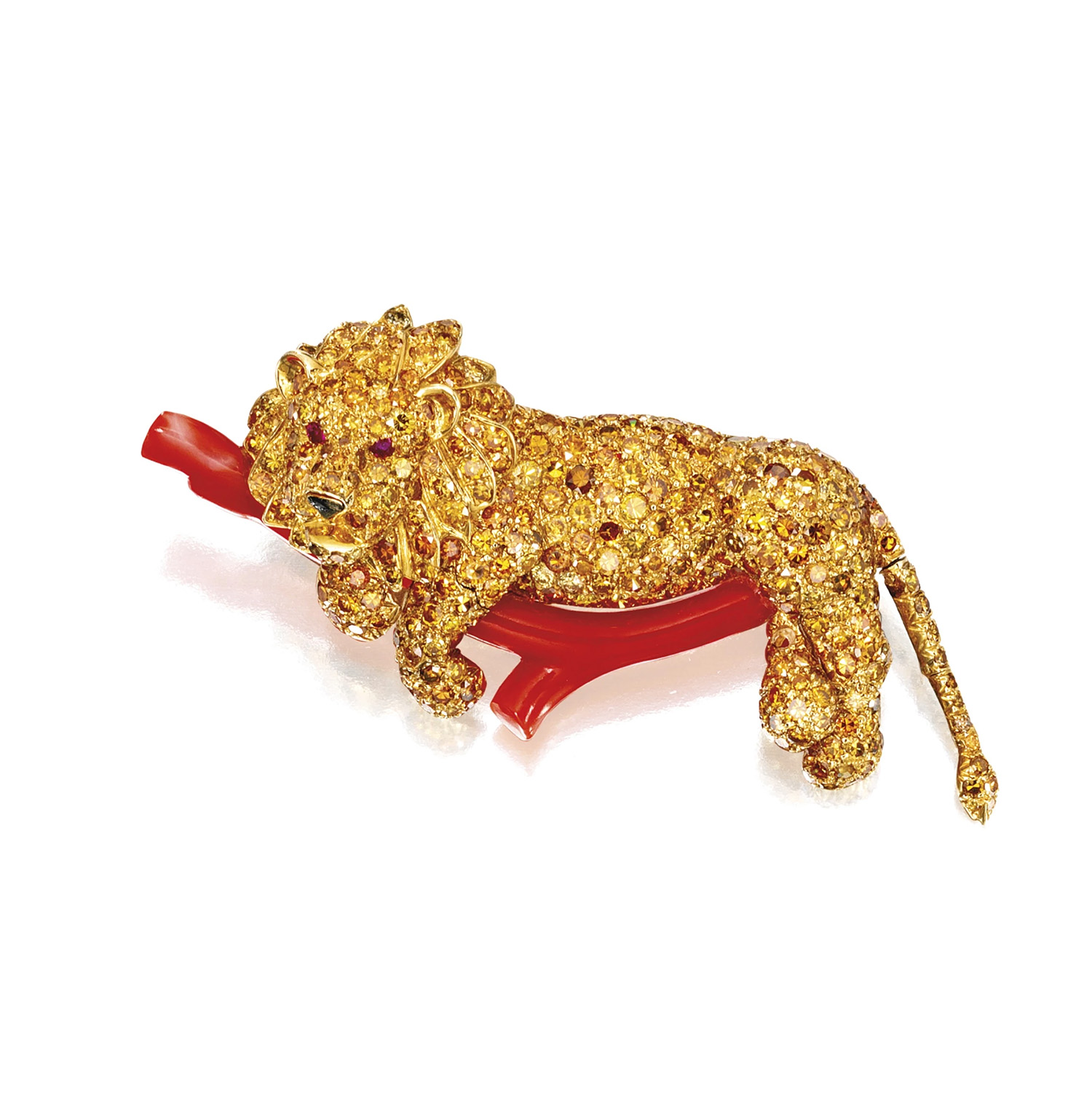 Brooke Astor's Van Cleef & Arpels Yellow Diamond and Coral Lion Brooch 