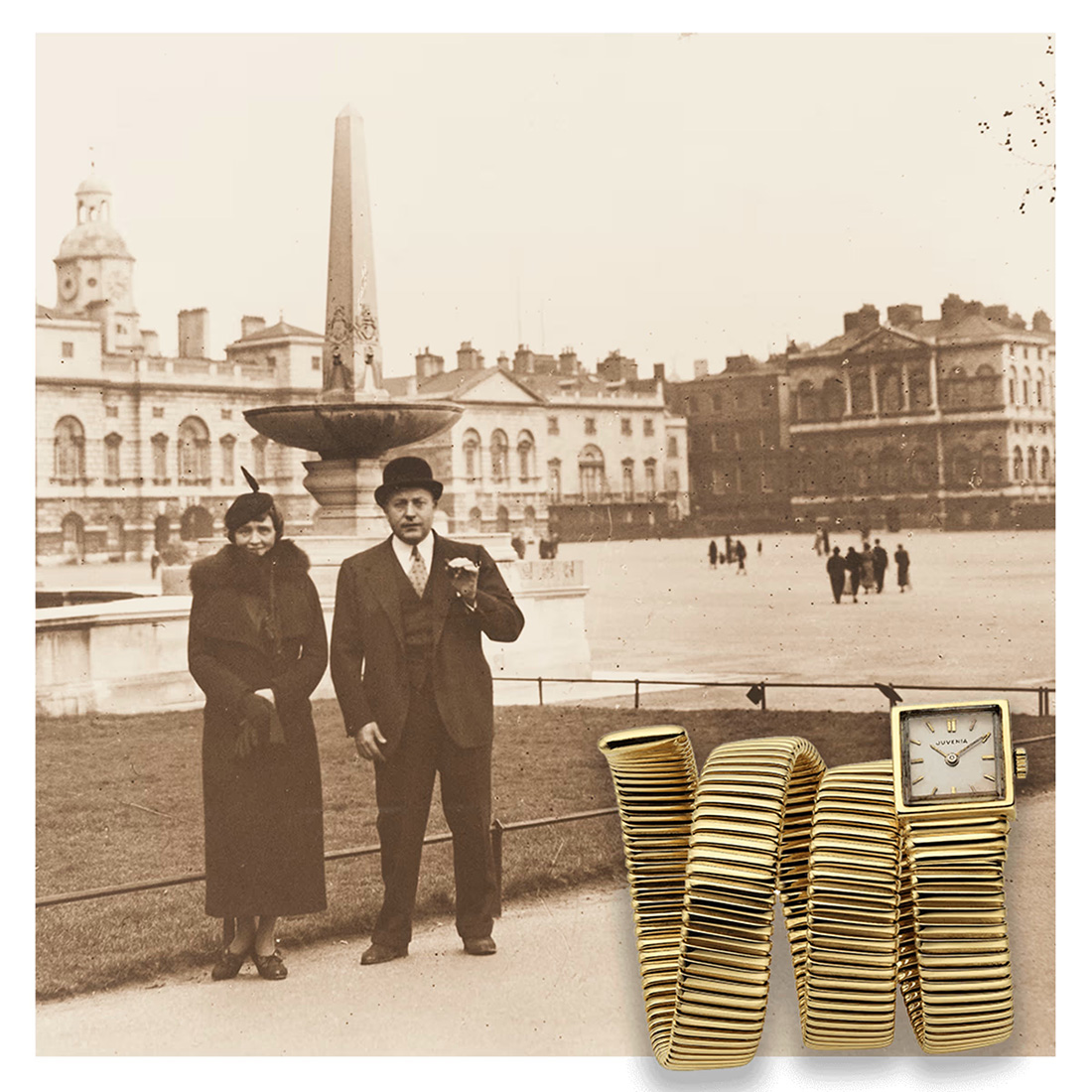 Costantino Bulgari and Laura Gulienetti, London 1936, and the first Serpenti bracelet-watch. (Bulgari Historical Archives)
