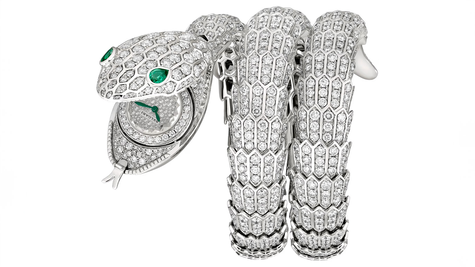 animal jewelry: Bulgari Serpenti Diamond and Emerald Bracelet Watch (Courtesy of BulgarI)