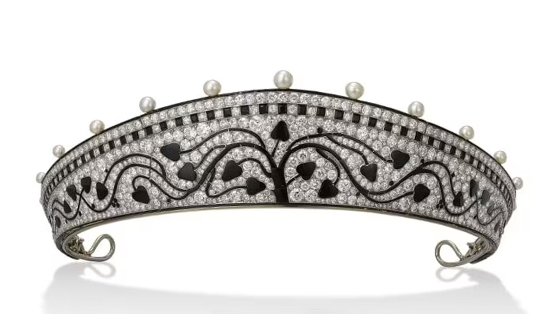 Cartier Paris Tiara, 1914. Platinum, diamonds, natural pearls, onyx, and enamel.