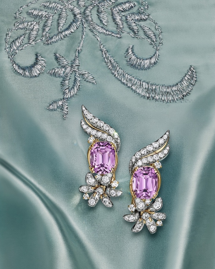 Cushion-cut kunzite and natural diamond earrings from the Tiffany & Co. Blue Book 2026: Hidden Garden collection (Courtesy of Tiffany & Co.)