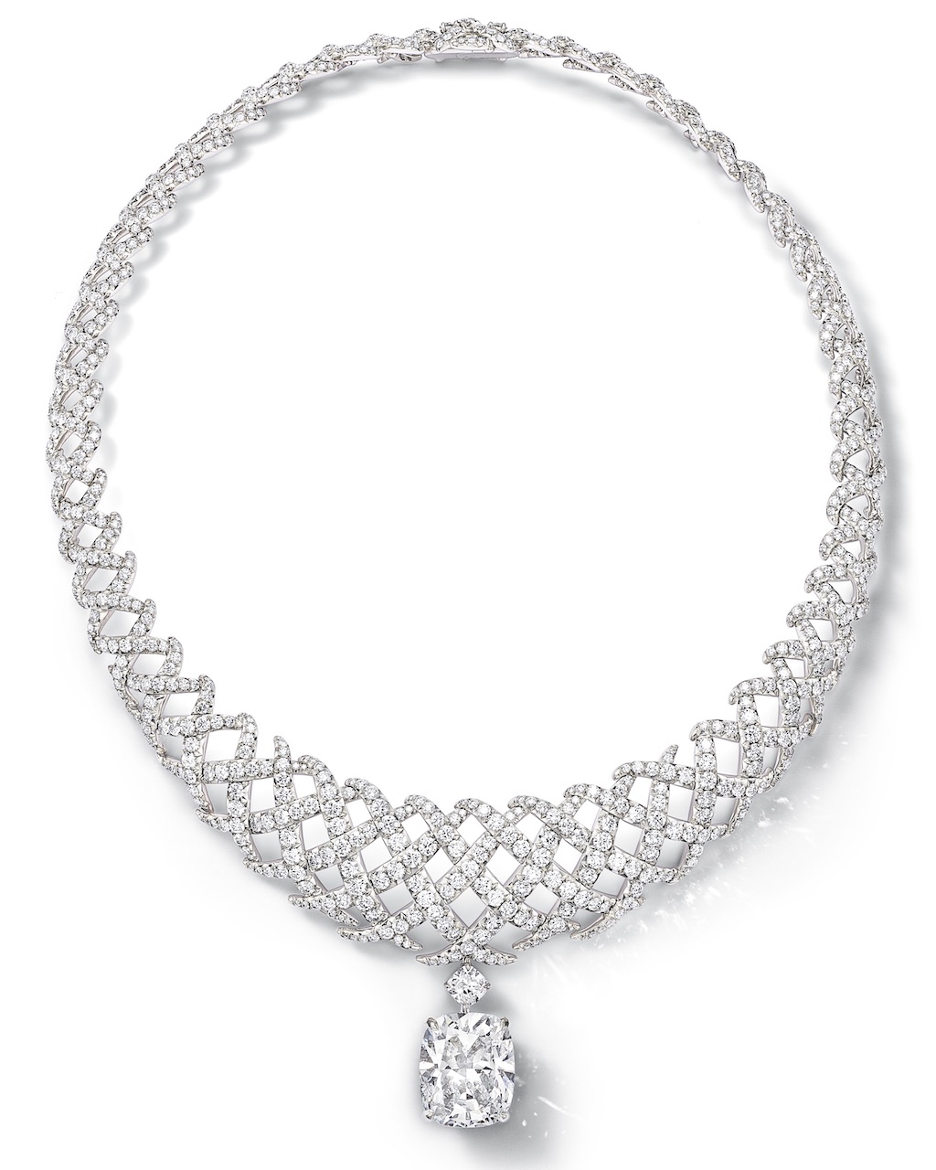 Diamond Jasmine Necklace with an D-color, internally flawless, Type IIa, 18.8-carat cushion-cut diamond from the Tiffany & Co. Blue Book 2026: Hidden Garden collection (Courtesy of Tiffany & Co.)