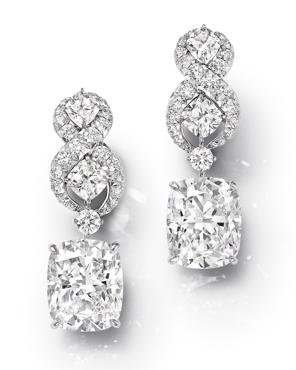 Jasmine Diamond earrings in with two cushion-cut diamonds of 22.22 total carats from the Tiffany & Co. Blue Book 2026: Hidden Garden collection (Courtesy of Tiffany & Co.)
